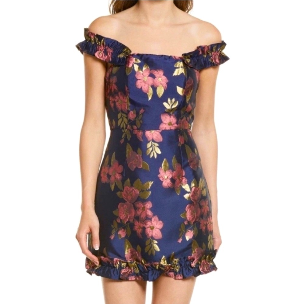 Lulu's Navy and Pink Off the Shoulder Floral Dress Ruffled NWT - Picture 9 of 14